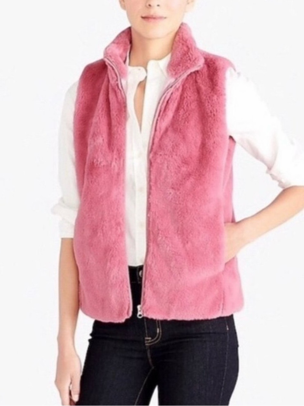 J Crew Faux Fur Pink Vest - Women's Plush Zip Front Vest